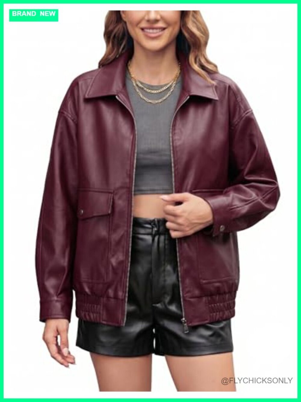 Oversize Faux Leather Motorcycle Jacket with Double Pockets